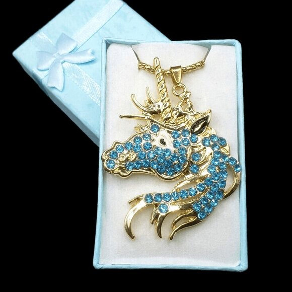 Gold Blue Rhinestone Unicorn Pendant Necklace w/ Gift Box – Fantasy Jewelry - Picture 2 of 5